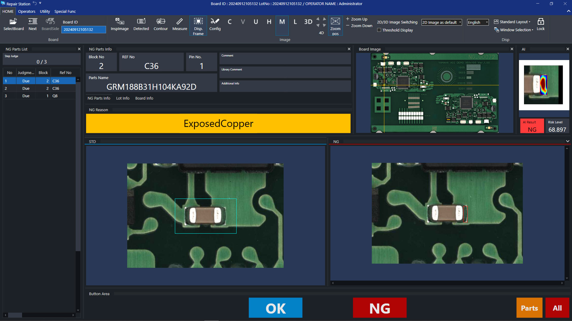 Inspection analysis including images and the calculated anomaly index